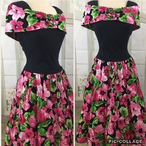 Vintage Floral Prom Dress Padded Shoulders